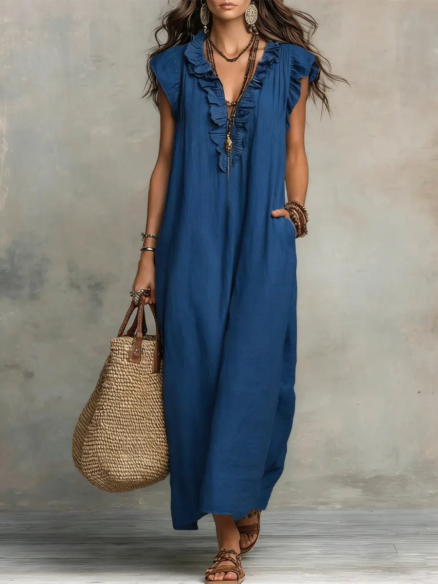 Women's V-Neck Linen Maxi Dress with Ruffle Trim