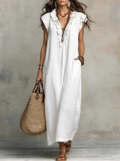 Women's V-Neck Linen Maxi Dress with Ruffle Trim
