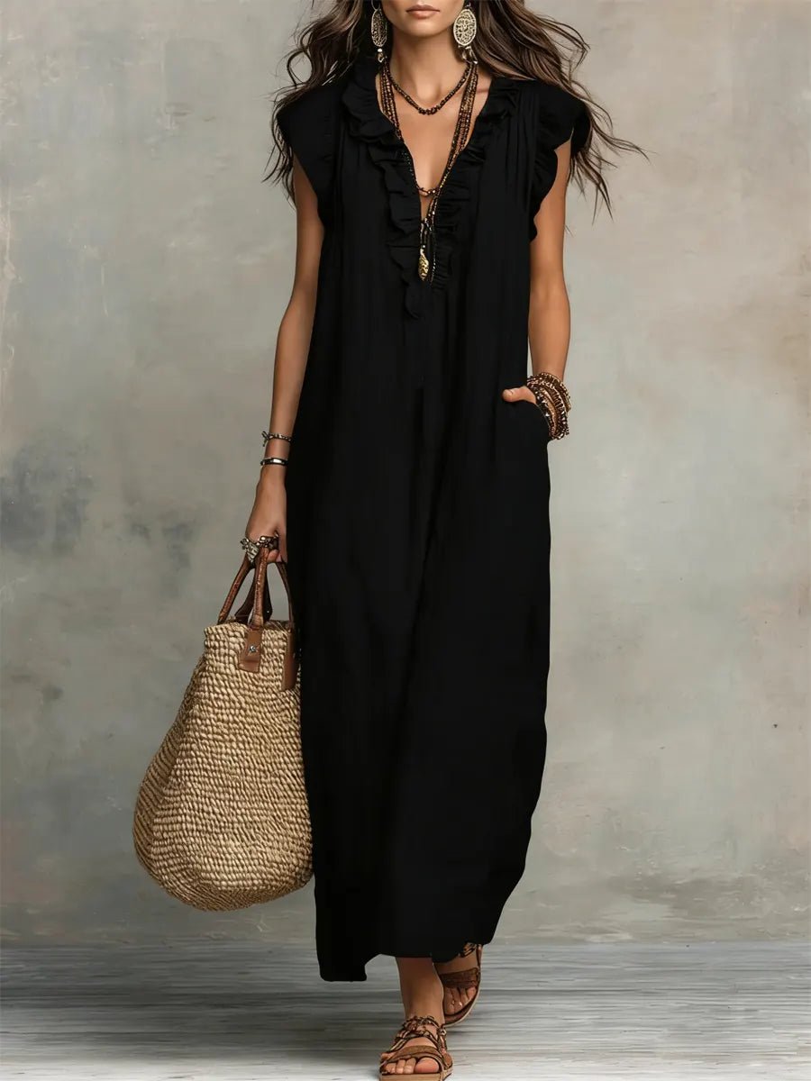 Women's V-Neck Linen Maxi Dress with Ruffle Trim