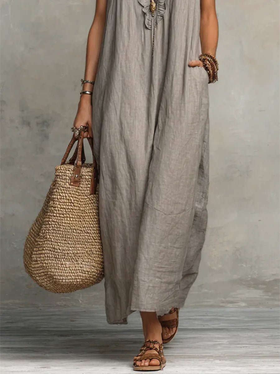 Women's V-Neck Linen Maxi Dress with Ruffle Trim