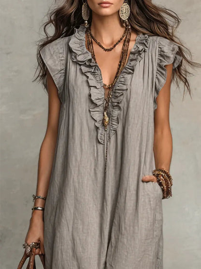 Women's V-Neck Linen Maxi Dress with Ruffle Trim