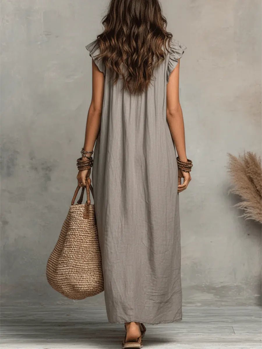 Women's V-Neck Linen Maxi Dress with Ruffle Trim