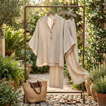 Mandarin-Collar Kimono-Sleeve Linen Top and Wide-Leg Pants Set for Women