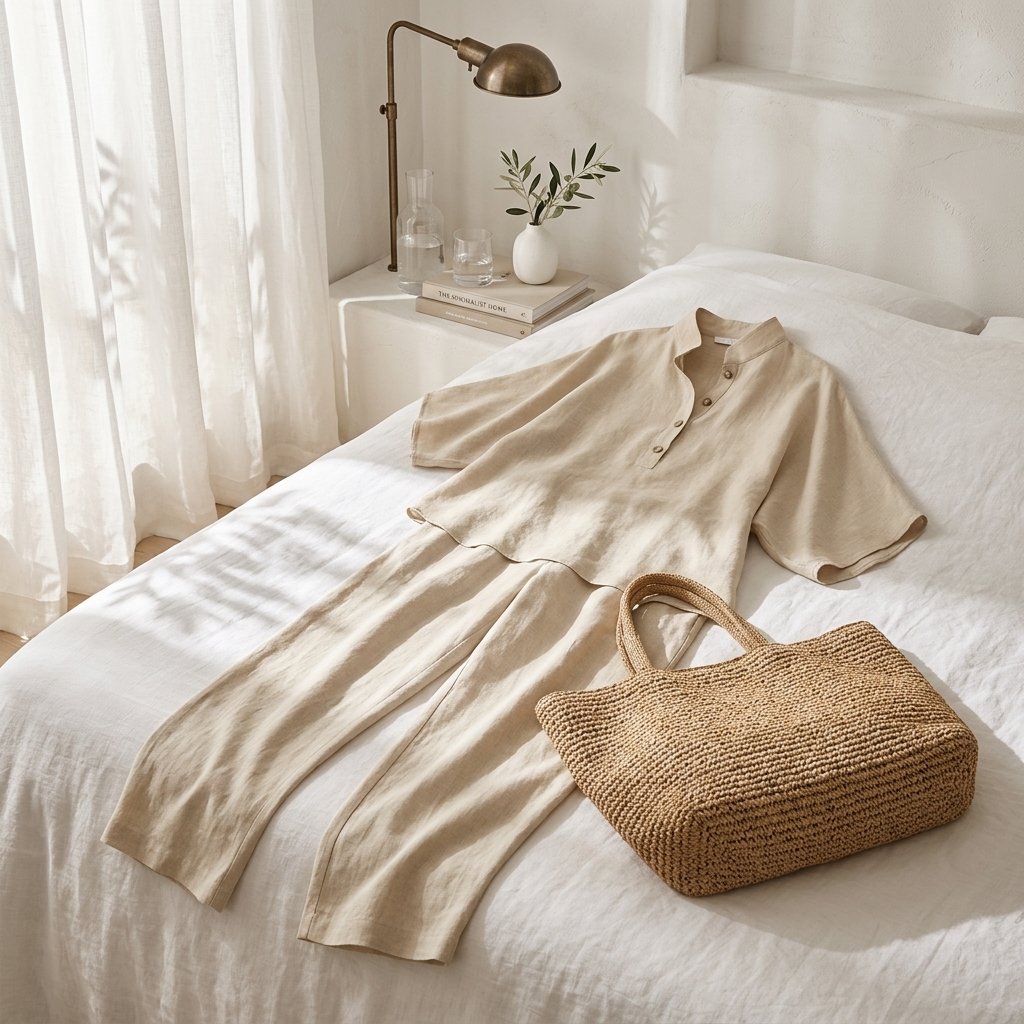 Mandarin-Collar Kimono-Sleeve Linen Top and Wide-Leg Pants Set for Women