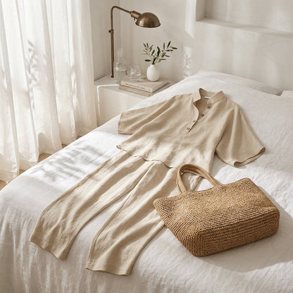Mandarin-Collar Kimono-Sleeve Linen Top and Wide-Leg Pants Set for Women