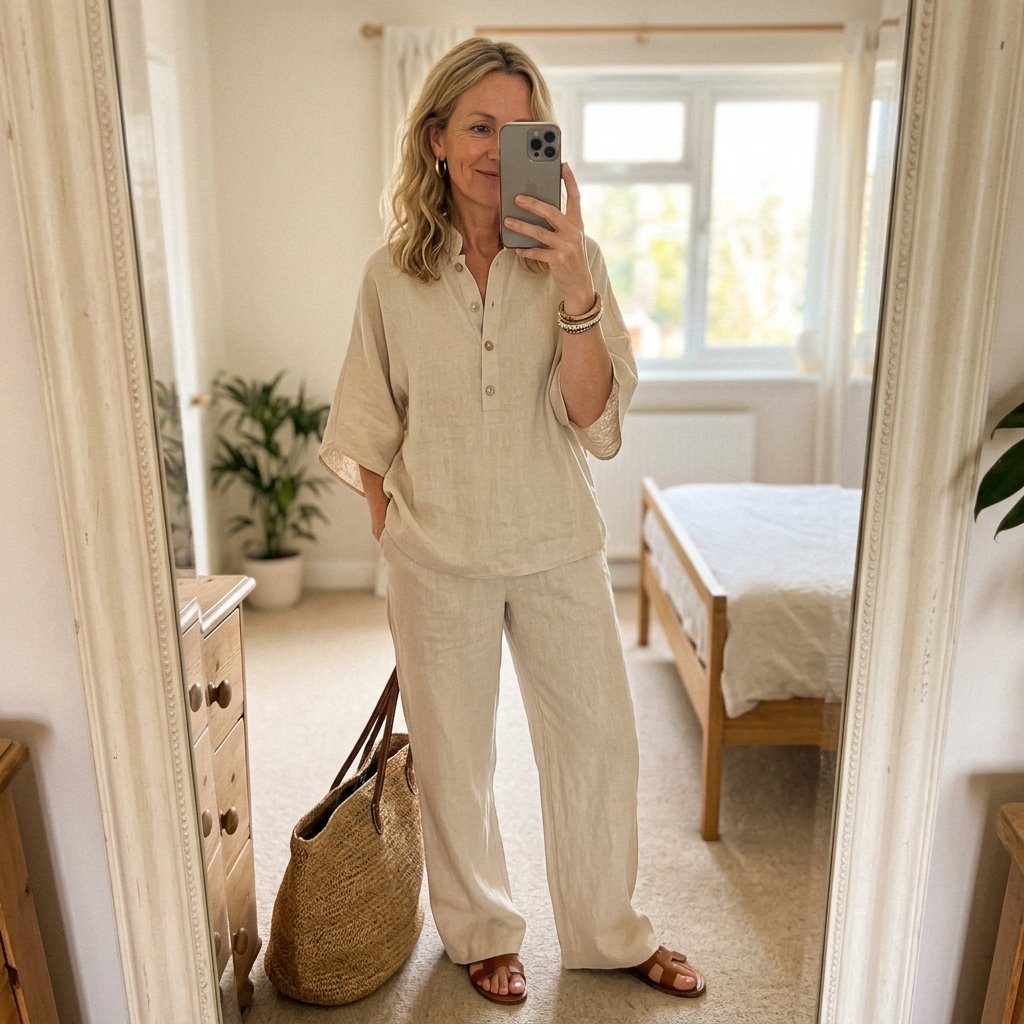 Mandarin-Collar Kimono-Sleeve Linen Top and Wide-Leg Pants Set for Women