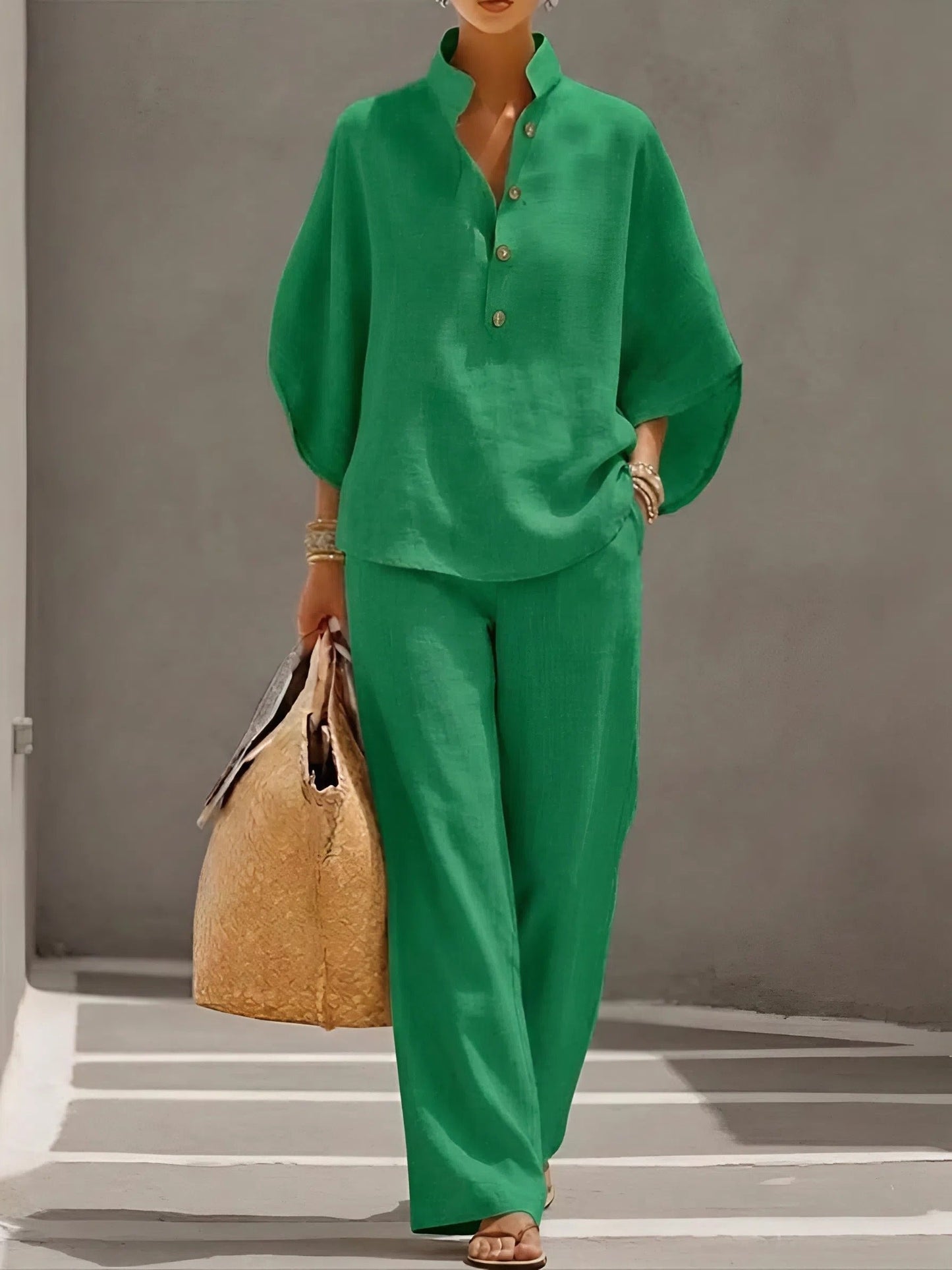 Mandarin-Collar Kimono-Sleeve Linen Top and Wide-Leg Pants Set for Women