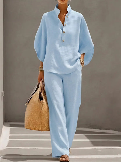 Mandarin-Collar Kimono-Sleeve Linen Top and Wide-Leg Pants Set for Women