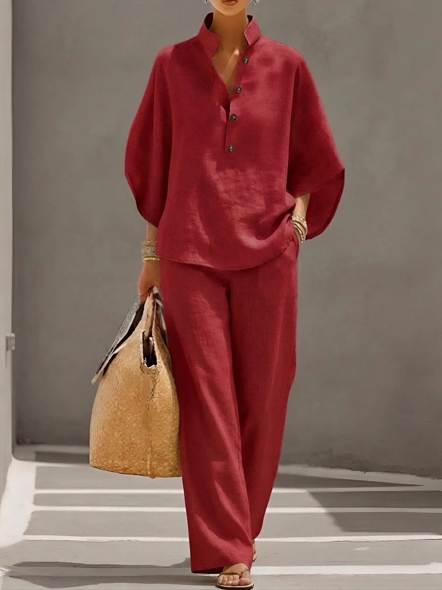 Mandarin-Collar Kimono-Sleeve Linen Top and Wide-Leg Pants Set for Women