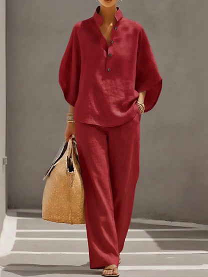 Mandarin-Collar Kimono-Sleeve Linen Top and Wide-Leg Pants Set for Women