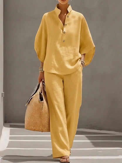 Mandarin-Collar Kimono-Sleeve Linen Top and Wide-Leg Pants Set for Women