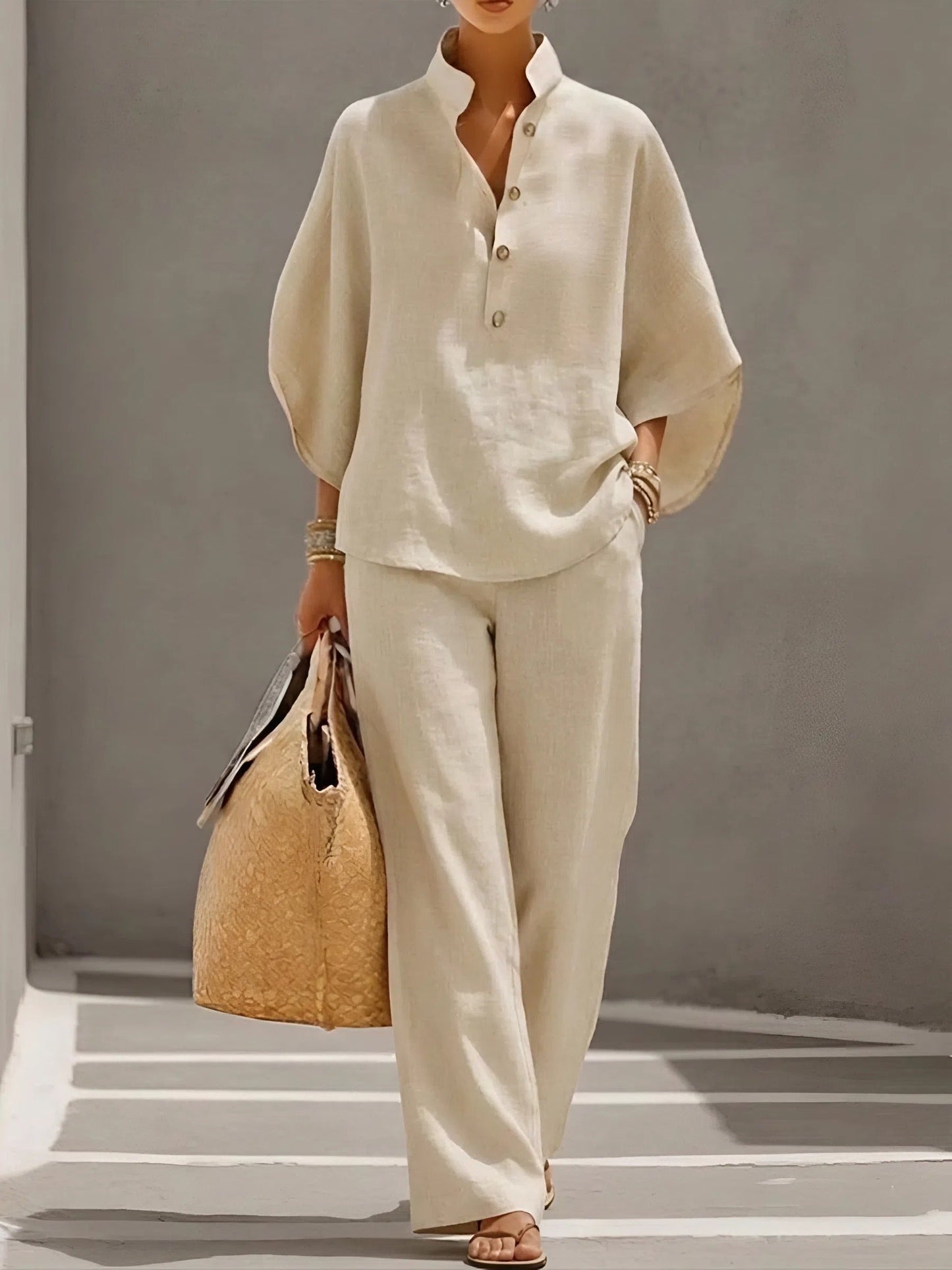 Mandarin-Collar Kimono-Sleeve Linen Top and Wide-Leg Pants Set for Women