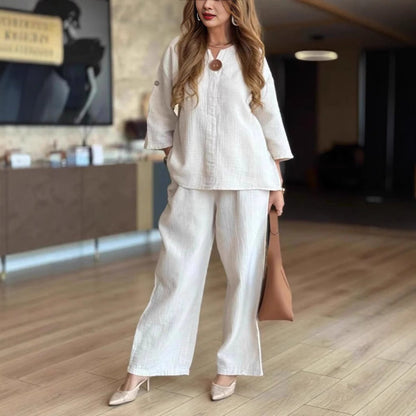 Women's 3/4-Sleeve Linen Tunic and Palazzo Pant Co-Ord