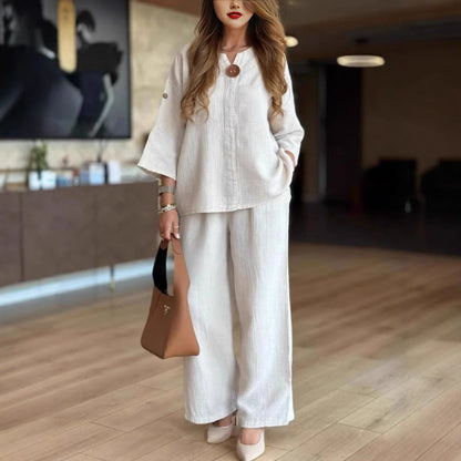Women's 3/4-Sleeve Linen Tunic and Palazzo Pant Co-Ord