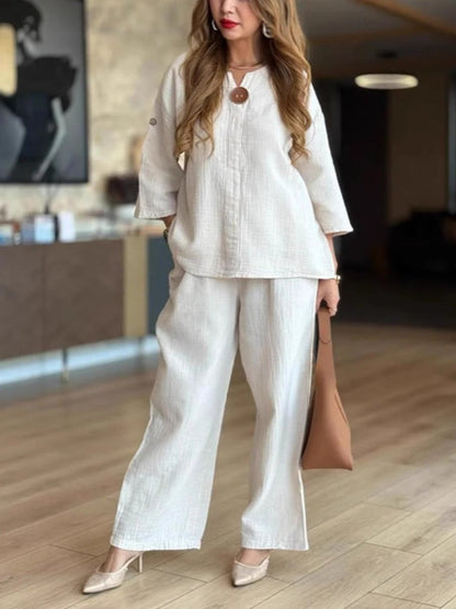 Women's 3/4-Sleeve Linen Tunic and Palazzo Pant Co-Ord