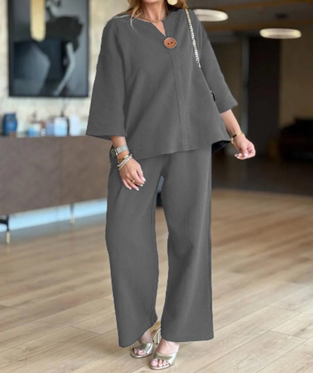 Women's 3/4-Sleeve Linen Tunic and Palazzo Pant Co-Ord