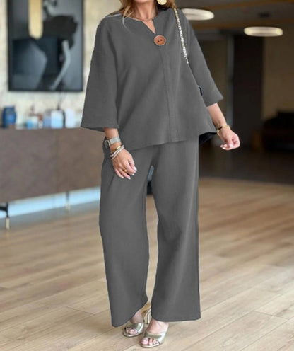 Women's 3/4-Sleeve Linen Tunic and Palazzo Pant Co-Ord