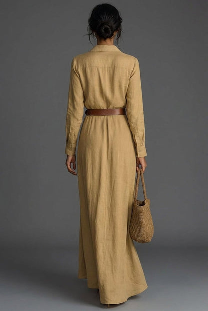 Long-Sleeve Linen Wrap Maxi Dress for Women