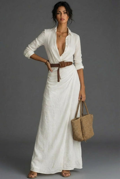 Long-Sleeve Linen Wrap Maxi Dress for Women