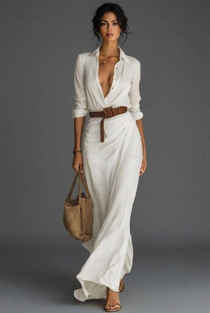 Long-Sleeve Linen Wrap Maxi Dress for Women