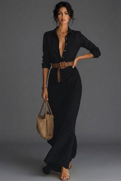 Long-Sleeve Linen Wrap Maxi Dress for Women
