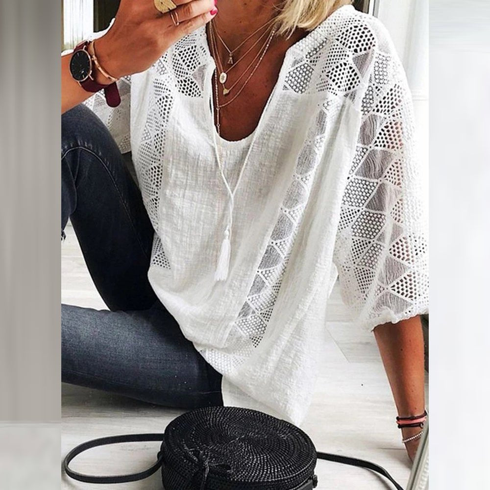 Women's 3/4-Sleeve Bohemian Blouse with Crochet Accents