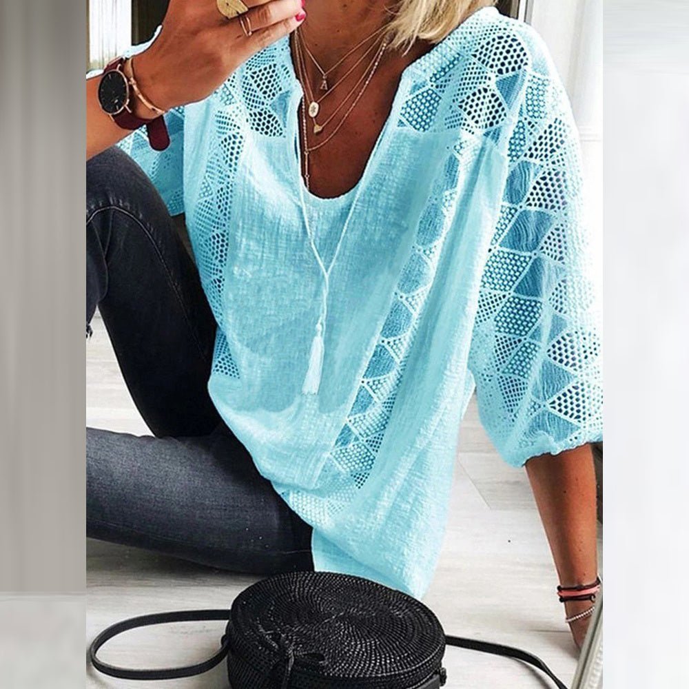 Women's 3/4-Sleeve Bohemian Blouse with Crochet Accents