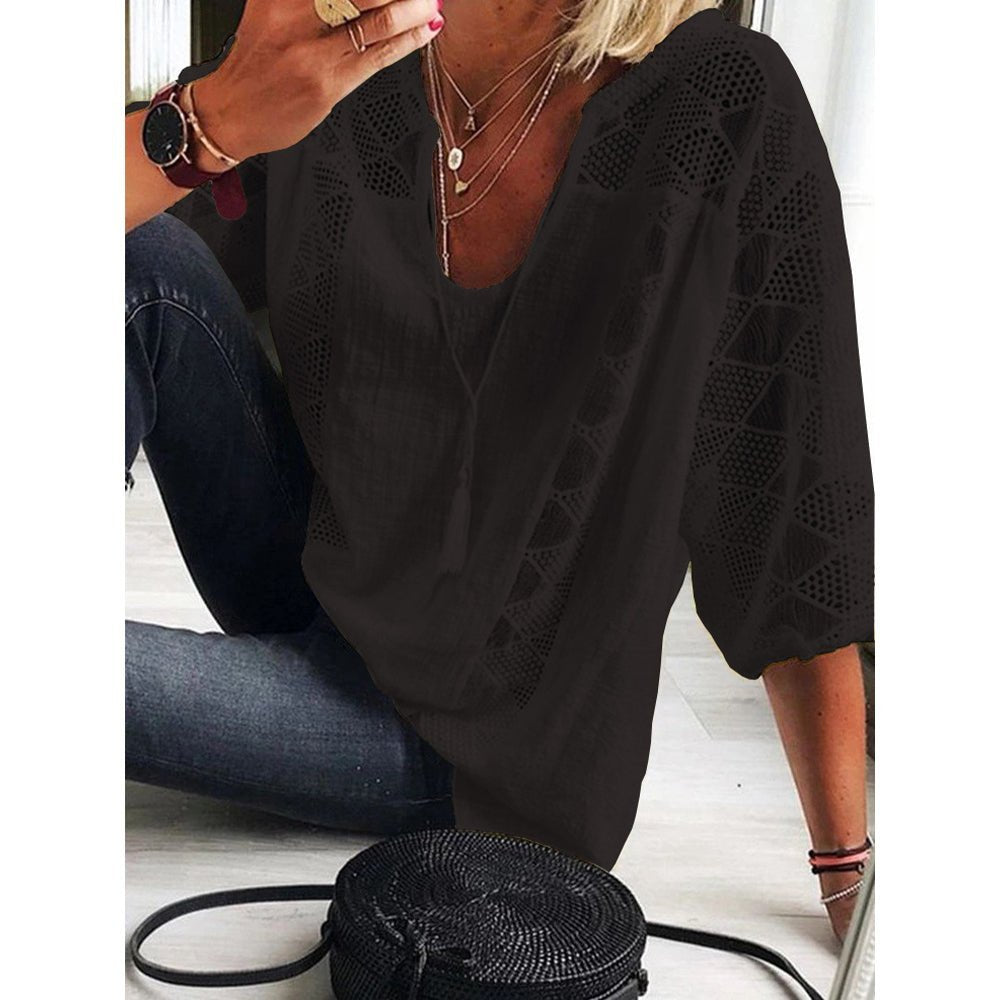 Women's 3/4-Sleeve Bohemian Blouse with Crochet Accents