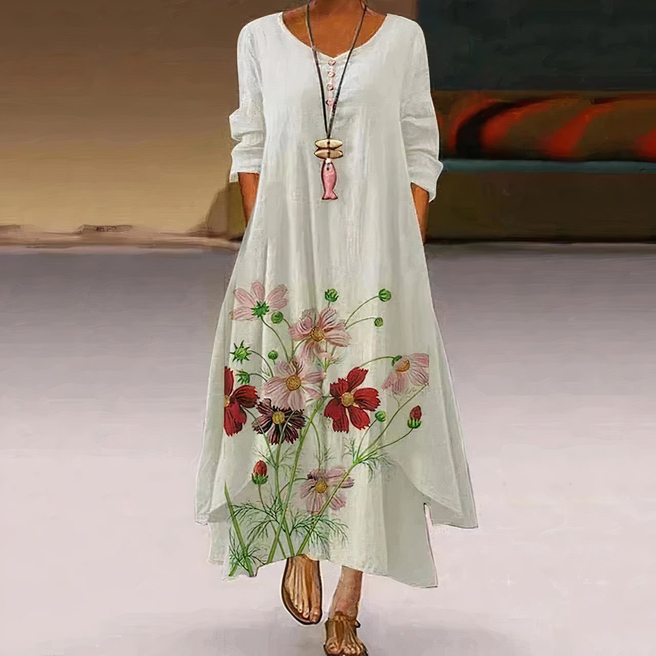 Women's Crewneck Long Sleeve Floral Print Flowy Maxi Dress