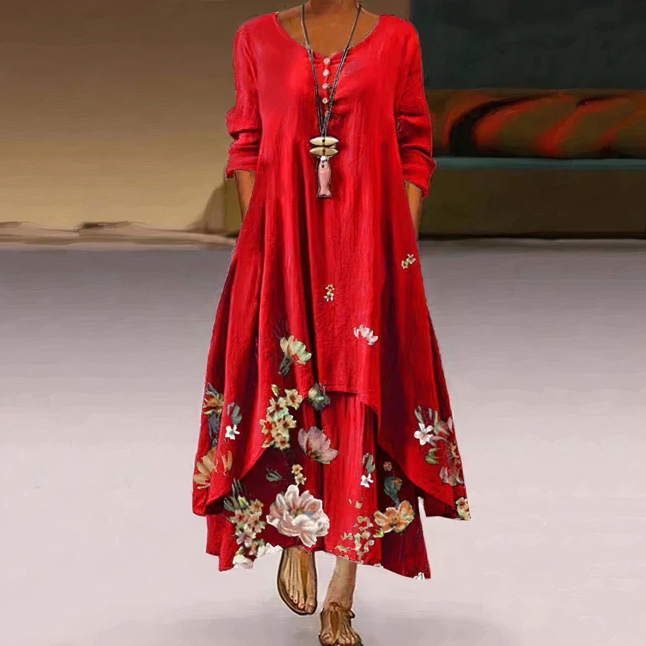 Women's Crewneck Long Sleeve Floral Print Flowy Maxi Dress