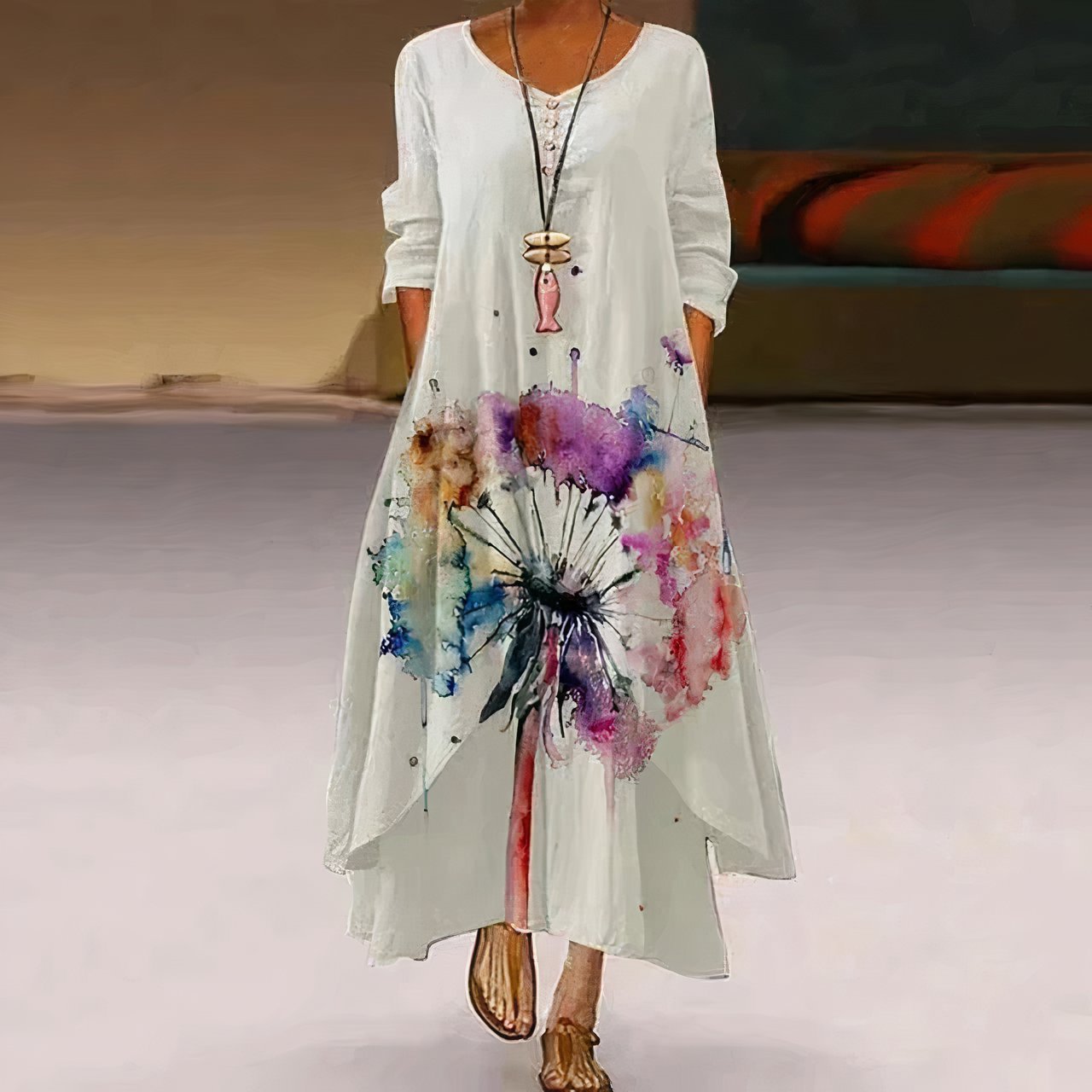 Women's Crewneck Long Sleeve Floral Print Flowy Maxi Dress
