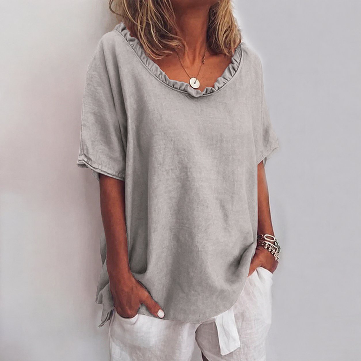 Women's Short-Sleeve Ruffle Cotton Relaxed Blouse