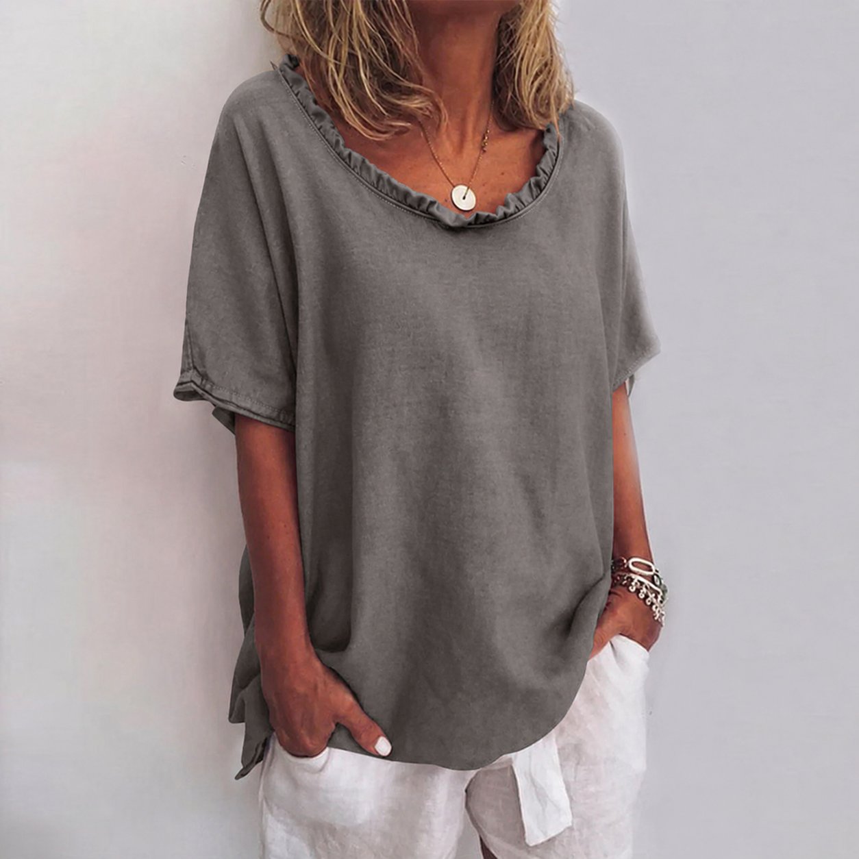 Women's Short-Sleeve Ruffle Cotton Relaxed Blouse