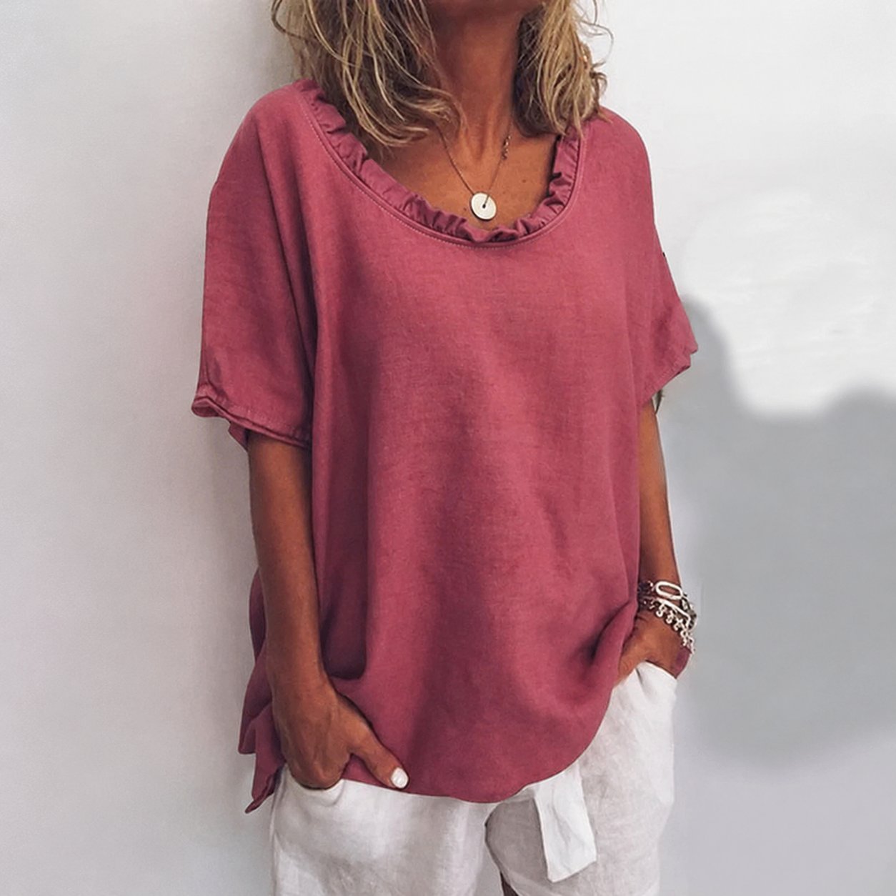 Women's Short-Sleeve Ruffle Cotton Relaxed Blouse