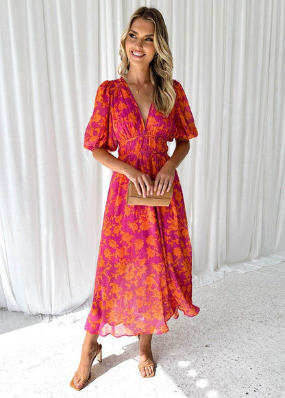 Women's Flowy Floral V-Neck Puff Sleeve Midi Dress