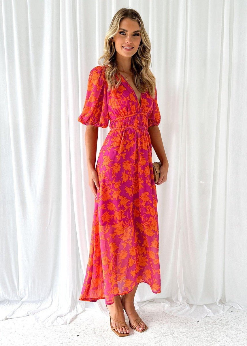 Women's Flowy Floral V-Neck Puff Sleeve Midi Dress