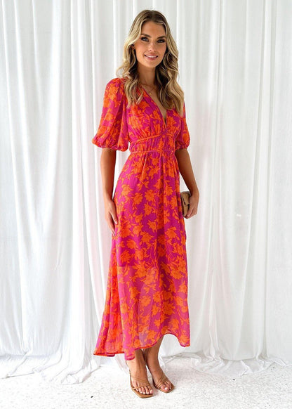 Women's Flowy Floral V-Neck Puff Sleeve Midi Dress