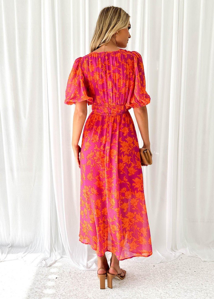 Women's Flowy Floral V-Neck Puff Sleeve Midi Dress