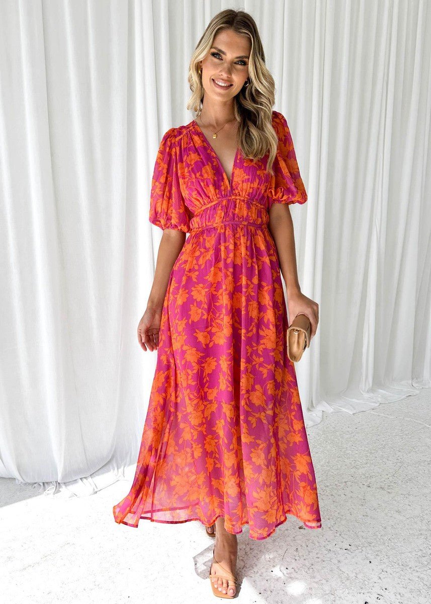 Women's Flowy Floral V-Neck Puff Sleeve Midi Dress