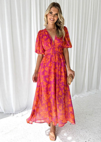 Women's Flowy Floral V-Neck Puff Sleeve Midi Dress