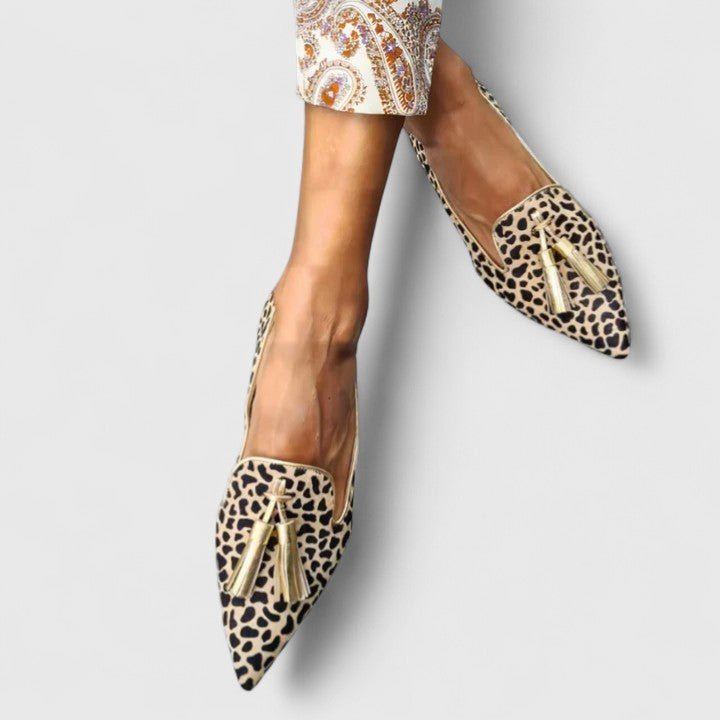 Women's Pointed Leopard Print Loafers with Magenta Tassels
