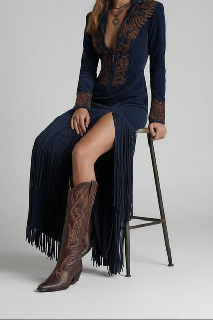 Women's Embroidered Maxi Evening Gown with Fringe Trim