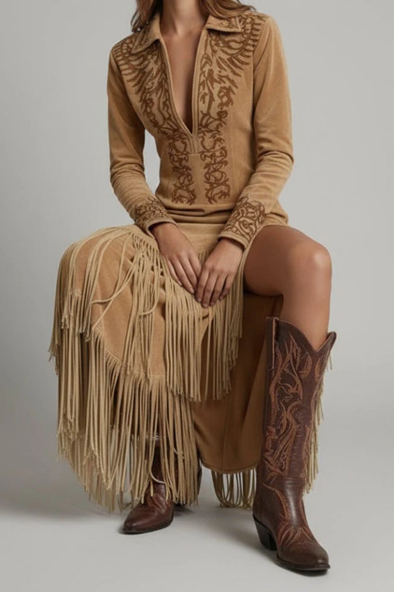 Women's Embroidered Maxi Evening Gown with Fringe Trim