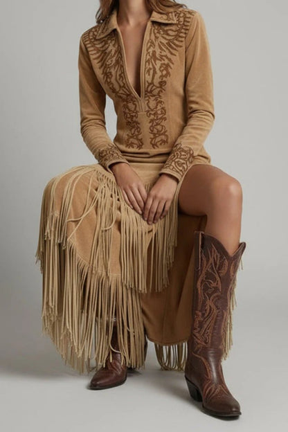 Women's Embroidered Maxi Evening Gown with Fringe Trim