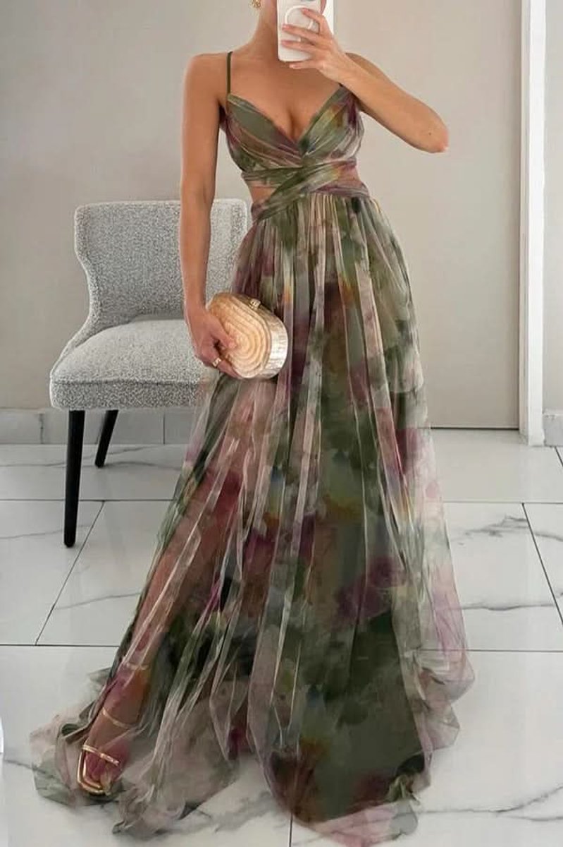 Women's A-Line Floral Print Sleeveless Maxi Cocktail Dress