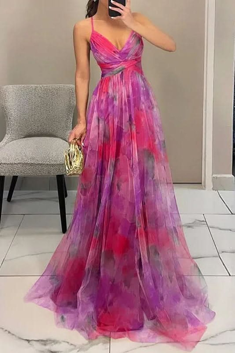 Women's A-Line Floral Print Sleeveless Maxi Cocktail Dress