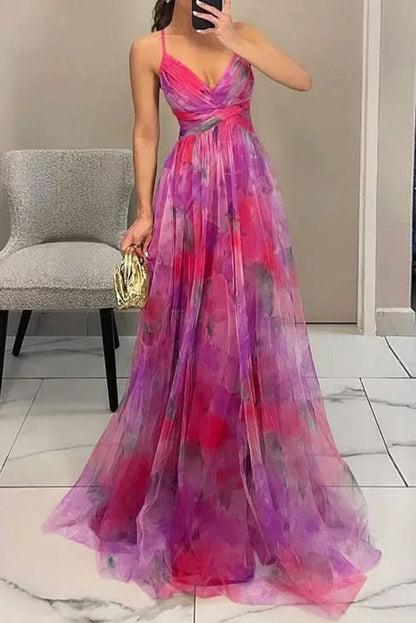 Women's A-Line Floral Print Sleeveless Maxi Cocktail Dress