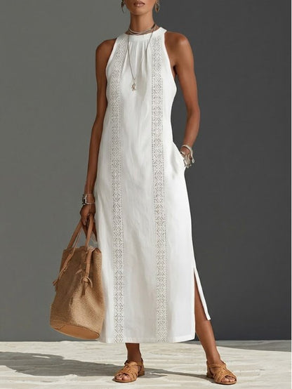 Women's Round-Neck Embroidered Sleeveless Midi Dress