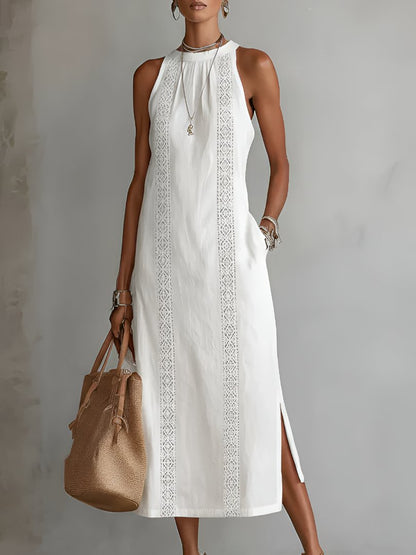 Women's Round-Neck Embroidered Sleeveless Midi Dress