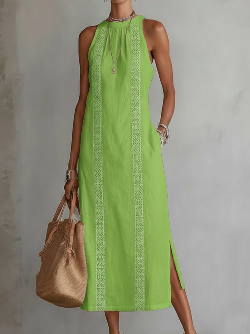 Women's Round-Neck Embroidered Sleeveless Midi Dress